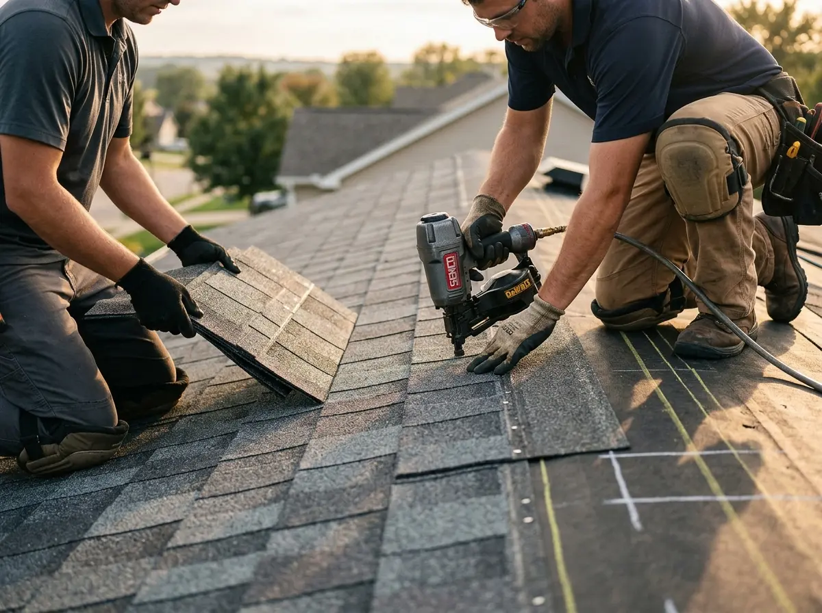 Professional roofer working on a residential roof in Bothell East